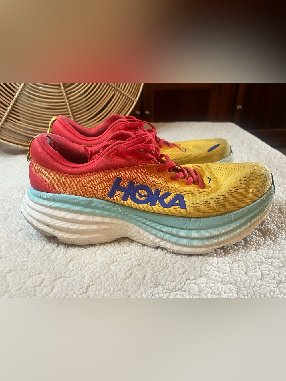 Hoka Bondi 8 Running Shoes Women’s 9.5D Wide Yellow Red Blue Athletic Sneakers